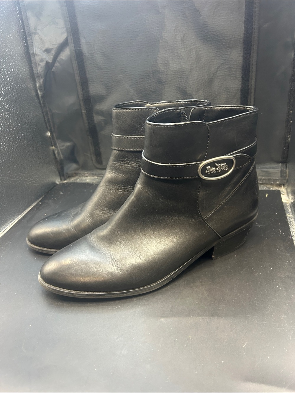 Coach Dylan Black Leather Ankle Boots with Signature Buckle
